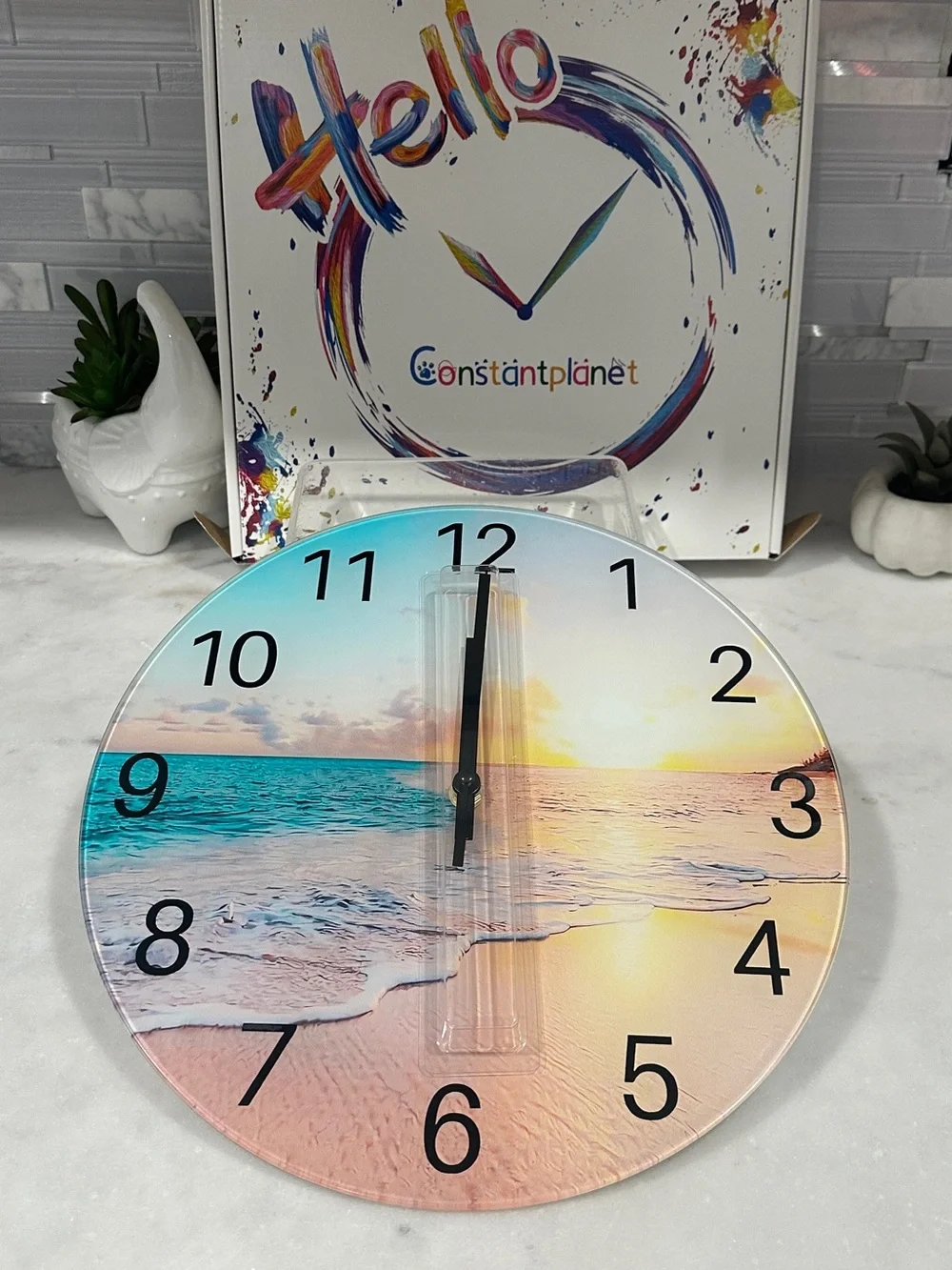 Coastal Beach Scene Wall Clock in Blue and Peach